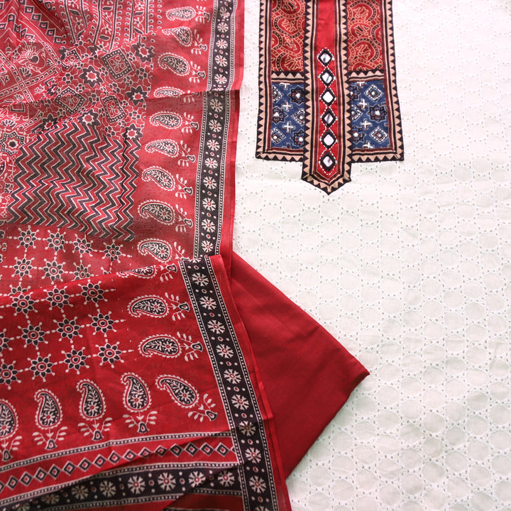 Nurvi Beige with Kutch Patch Cotton Schiffli Top and Red Printed Dupatta Set