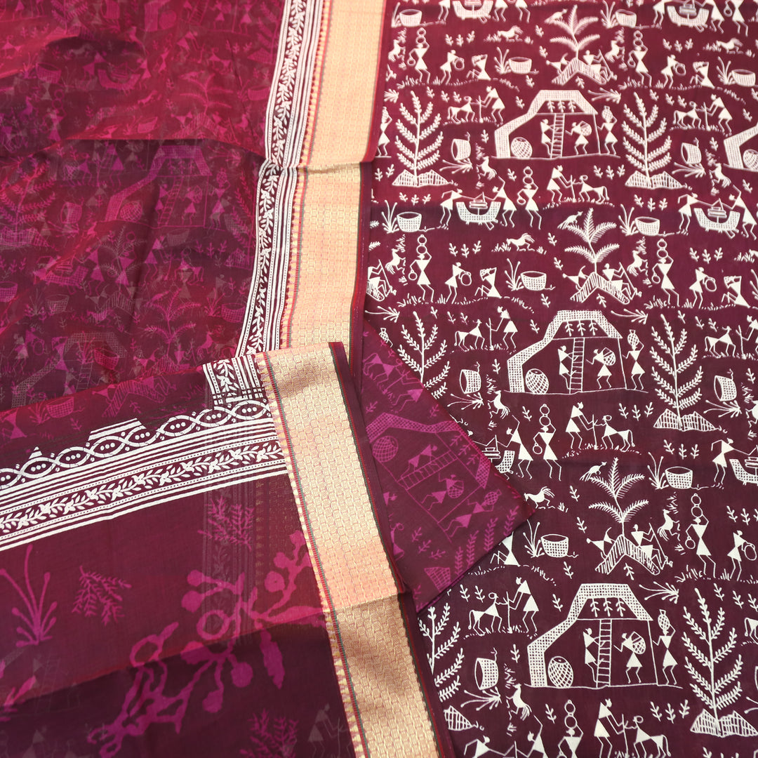 Anaya Berry Purple Warli Printed in Mangalgiri Hem Work Cotton Set D2