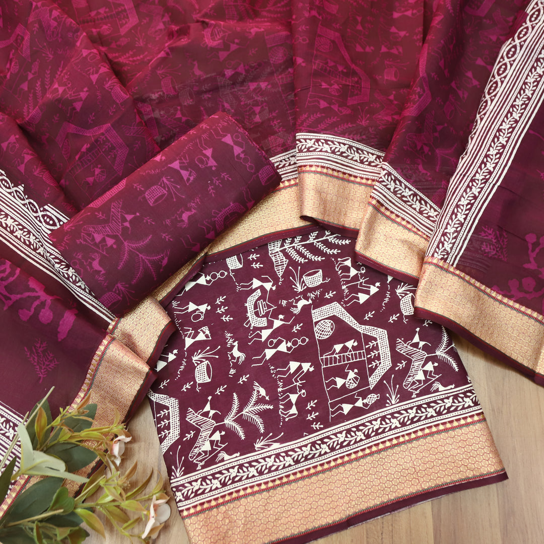 Anaya Berry Purple Warli Printed in Mangalgiri Hem Work Cotton Set D2