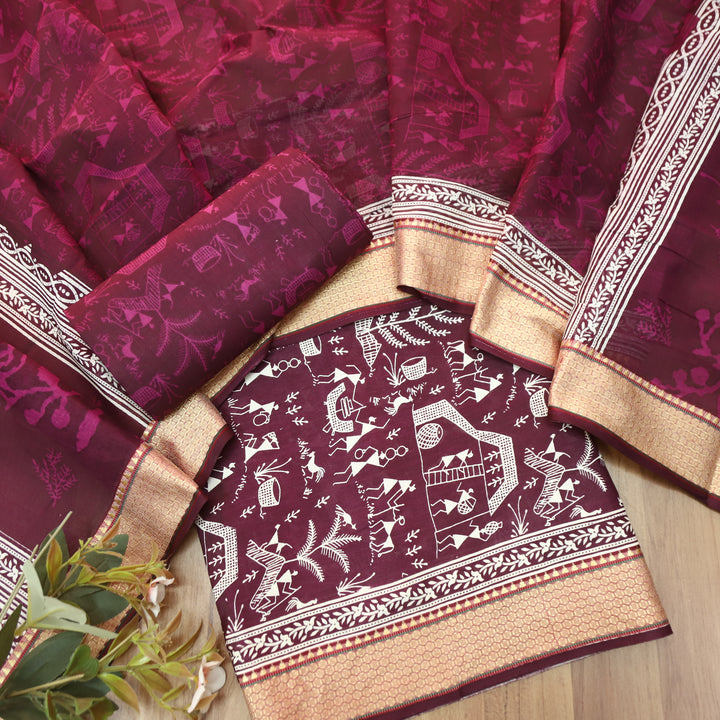 Anaya Berry Purple Warli Printed in Mangalgiri Hem Work Cotton Set D2
