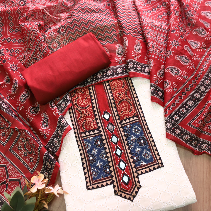Nurvi Beige with Kutch Patch Cotton Schiffli Top and Red Printed Dupatta Set