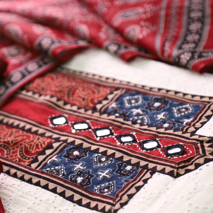 Nurvi Beige with Kutch Patch Cotton Schiffli Top and Red Printed Dupatta Set