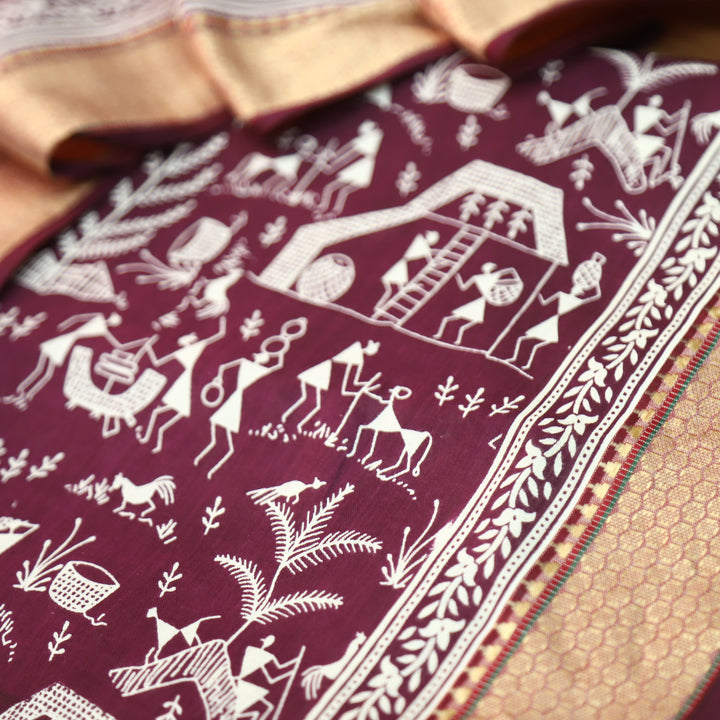 Anaya Berry Purple Warli Printed in Mangalgiri Hem Work Cotton Set D2