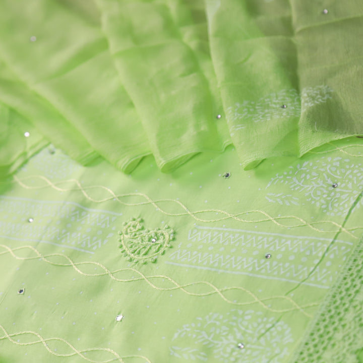 Ruaa Neon Green Anchor Embellished with Mirror Work Cotton Suit Set D2