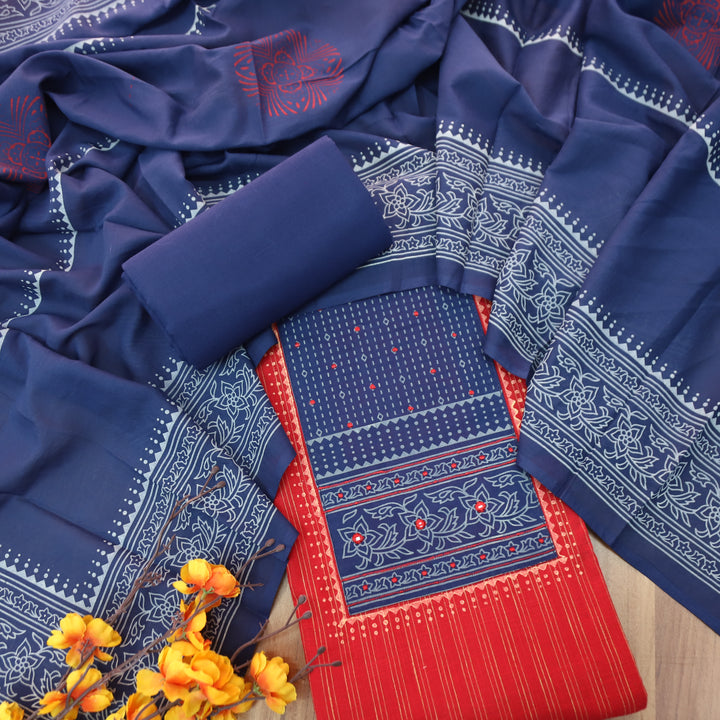 Bansi Cherry Red Batik Printed Yoke in Weaved Cotton Set