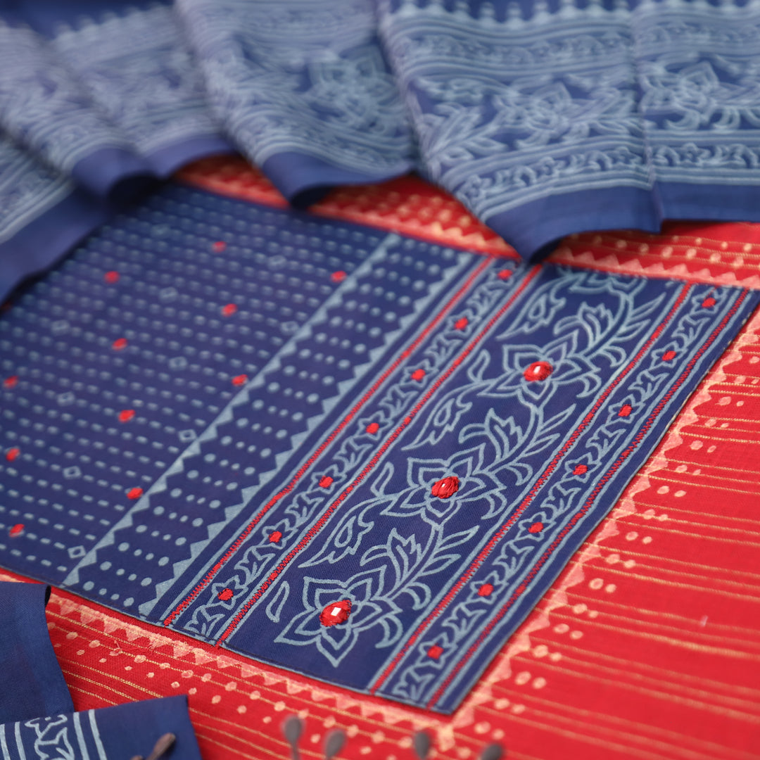 Bansi Cherry Red Batik Printed Yoke in Weaved Cotton Set