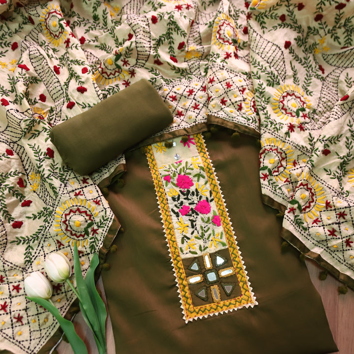 Kanyakumari Mehendi Green Mirror In Front with Patch Glazed Cotton Suit Set