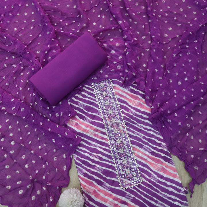 Leher Orchid Purple Embellished Neck Work Leheriya Cotton Suit Set D2