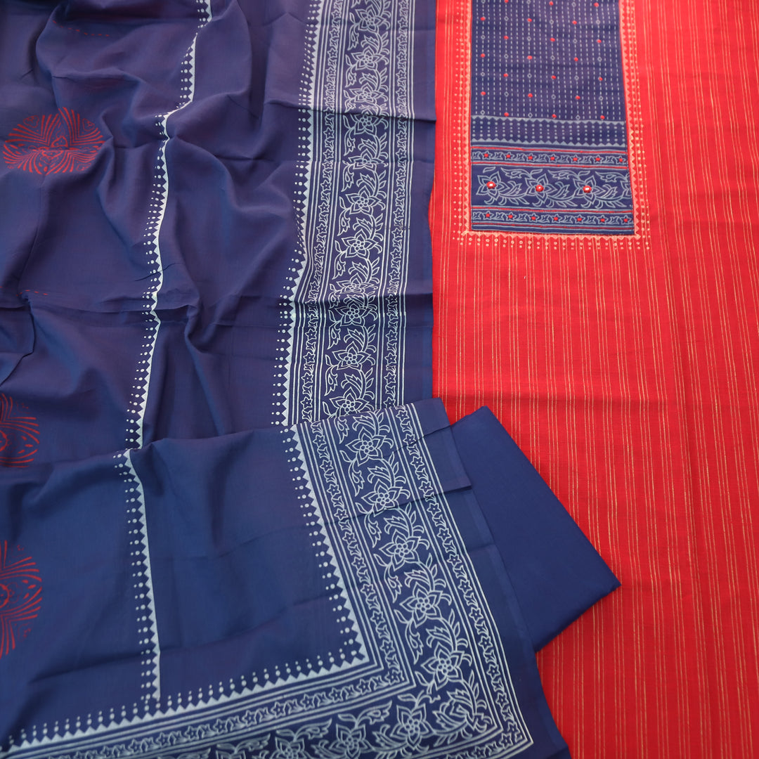 Bansi Cherry Red Batik Printed Yoke in Weaved Cotton Set