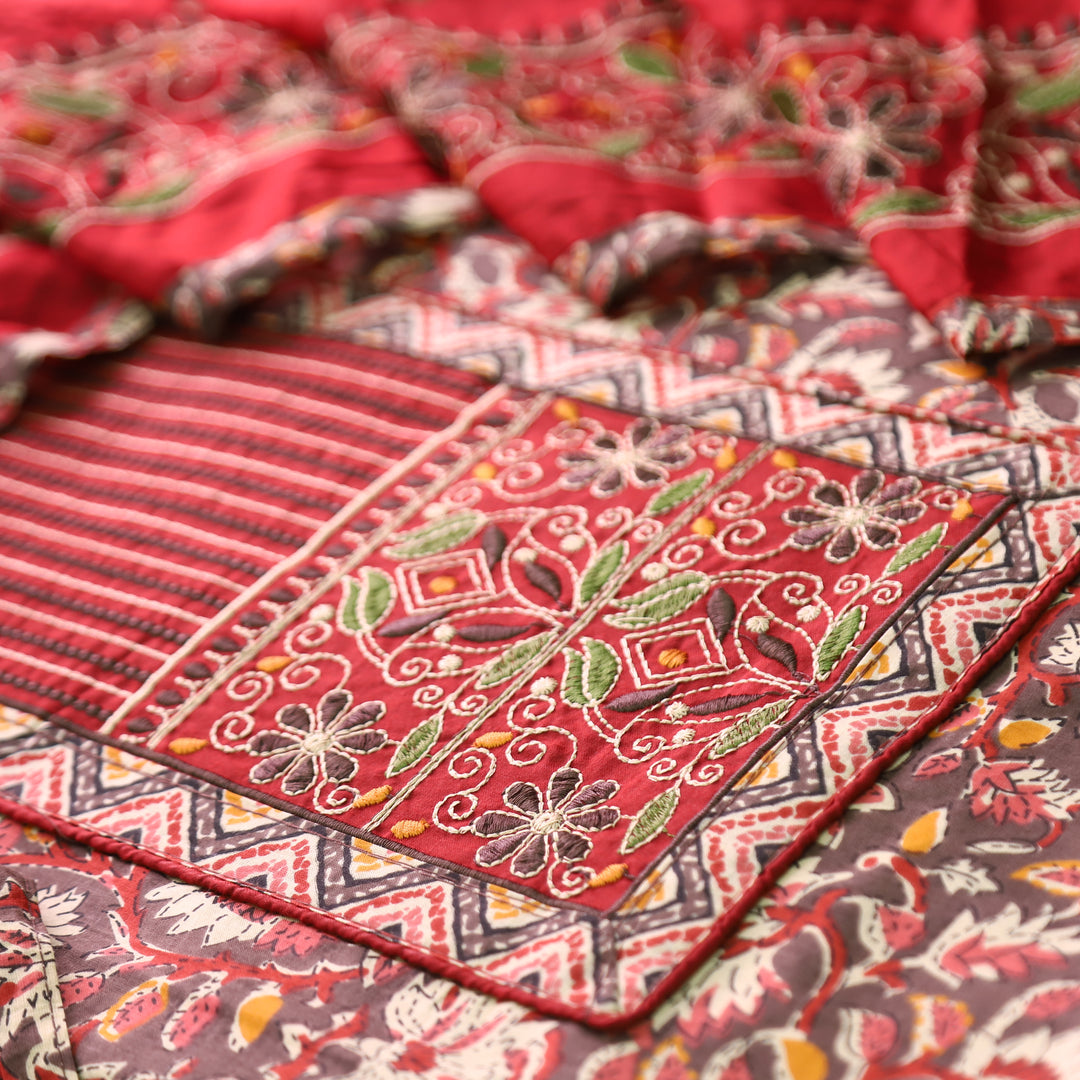 Mohini Tan Beige Embroidered Yoke on Kalamkari Printed Cotton Set