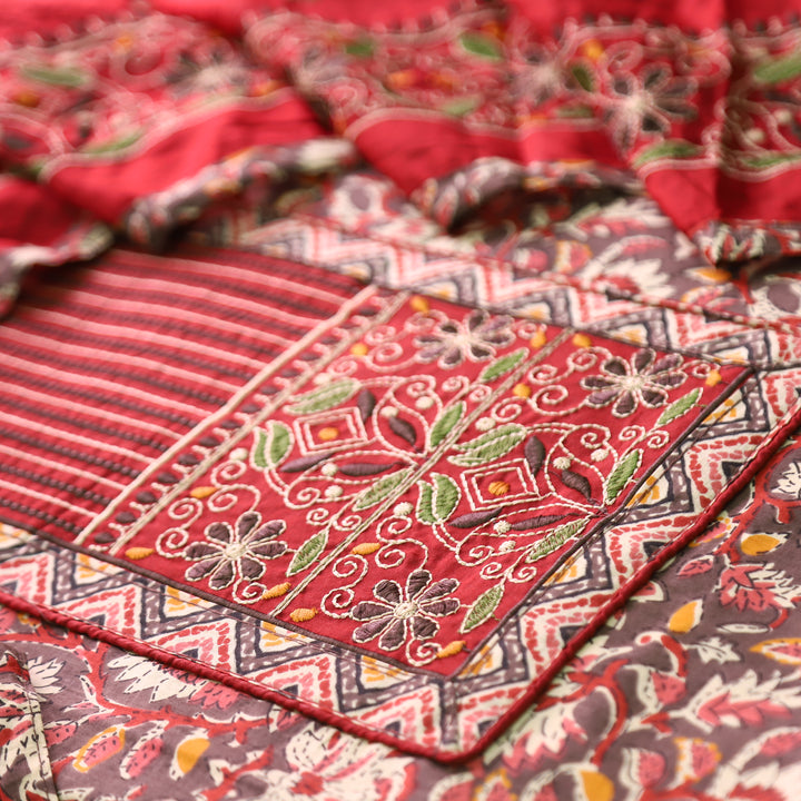 Mohini Tan Beige Embroidered Yoke on Kalamkari Printed Cotton Set
