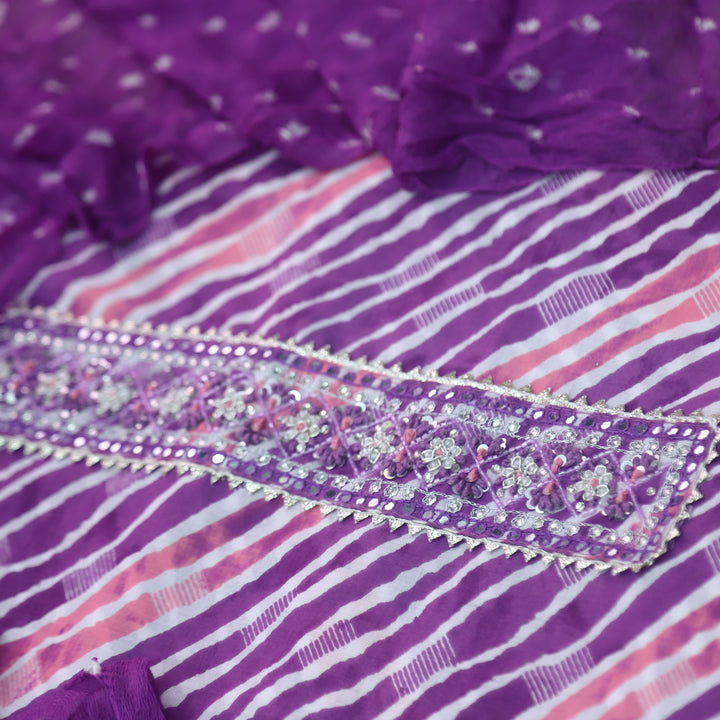 Leher Orchid Purple Embellished Neck Work Leheriya Cotton Suit Set D2