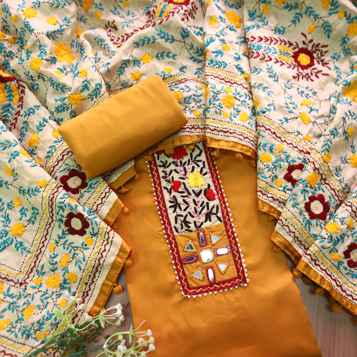 Kanyakumari Dijon Yellow Mirror In Front with Patch Glazed Cotton Suit Set