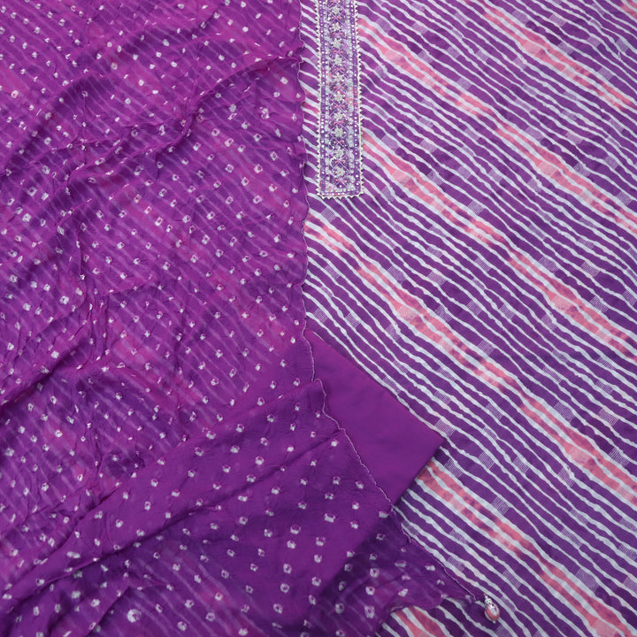 Leher Orchid Purple Embellished Neck Work Leheriya Cotton Suit Set D2