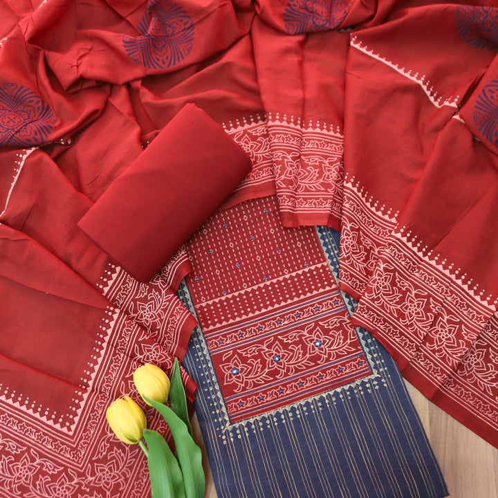 Bansi Denim Blue Batik Printed Yoke in Weaved Cotton Set