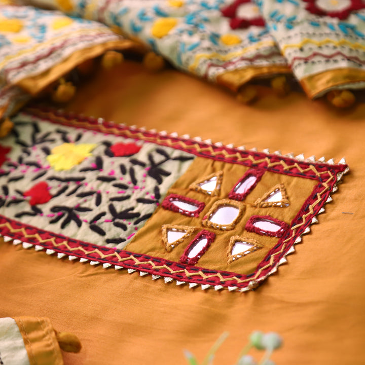 Kanyakumari Dijon Yellow Mirror In Front with Patch Glazed Cotton Suit Set