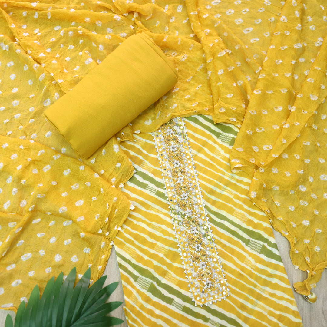 Leher Canary Yellow Embellished Neck Work Leheriya Cotton Suit Set D3