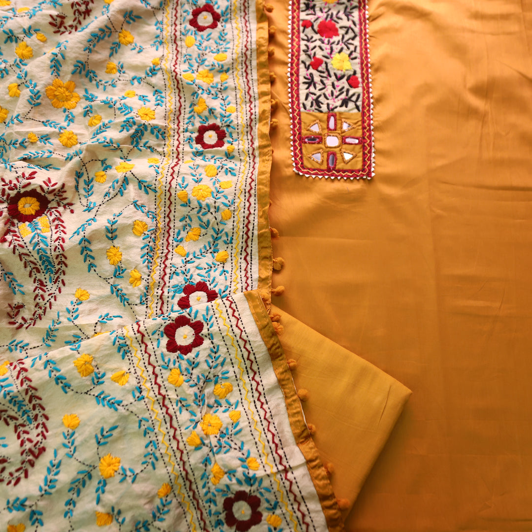 Kanyakumari Dijon Yellow Mirror In Front with Patch Glazed Cotton Suit Set