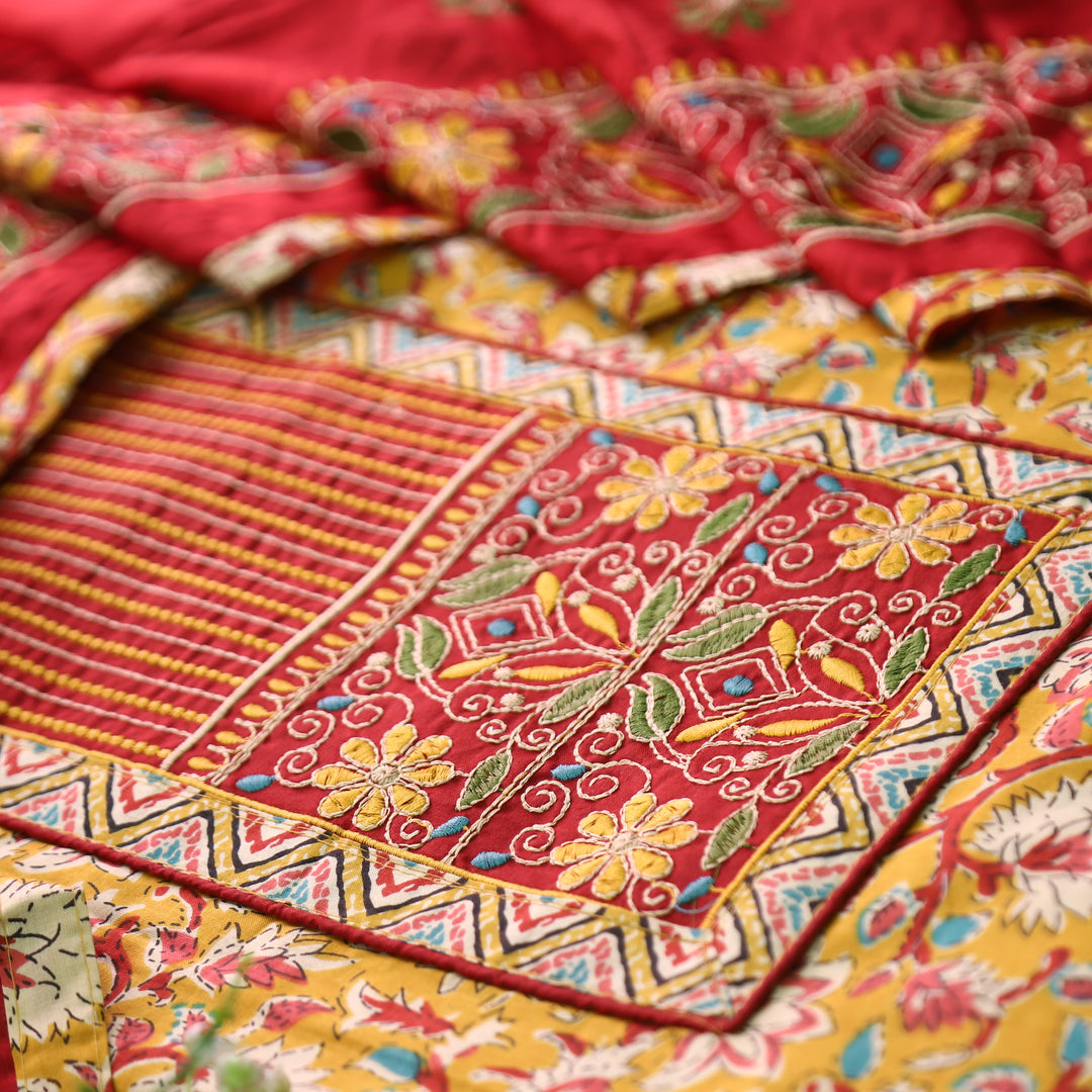 Mohini Dijon Yellow Embroidered Yoke on Kalamkari Printed Cotton Set