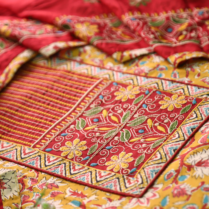 Mohini Dijon Yellow Embroidered Yoke on Kalamkari Printed Cotton Set