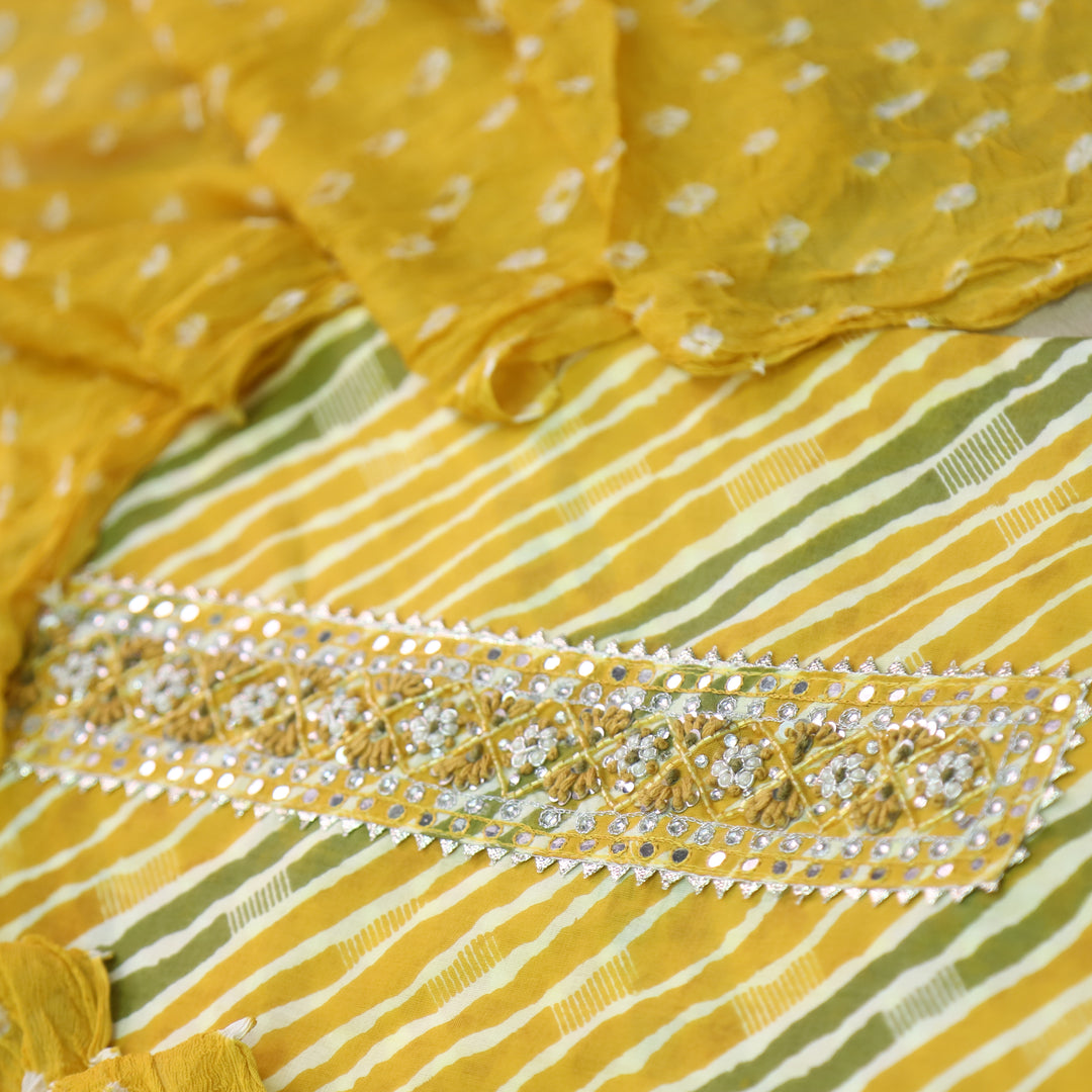 Leher Canary Yellow Embellished Neck Work Leheriya Cotton Suit Set D3