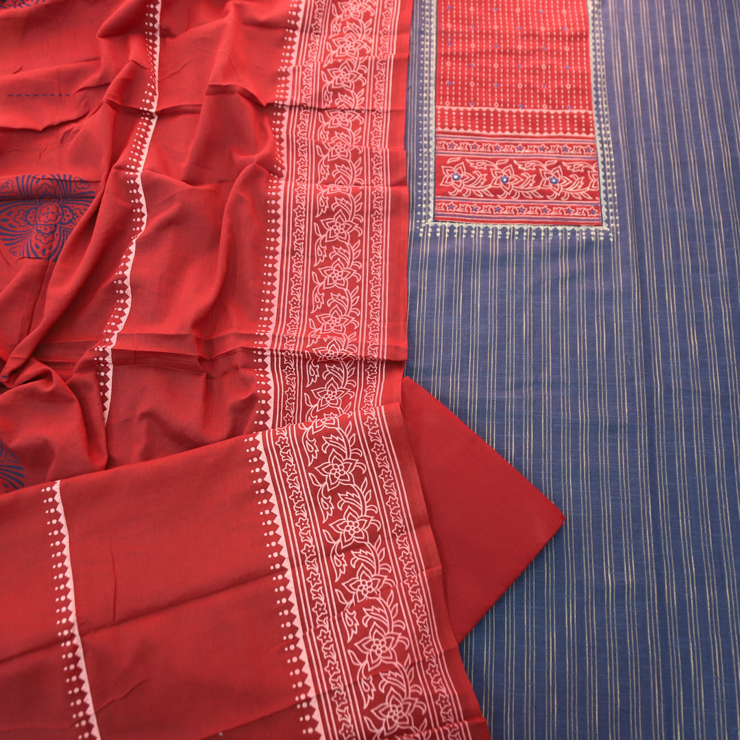 Bansi Denim Blue Batik Printed Yoke in Weaved Cotton Set