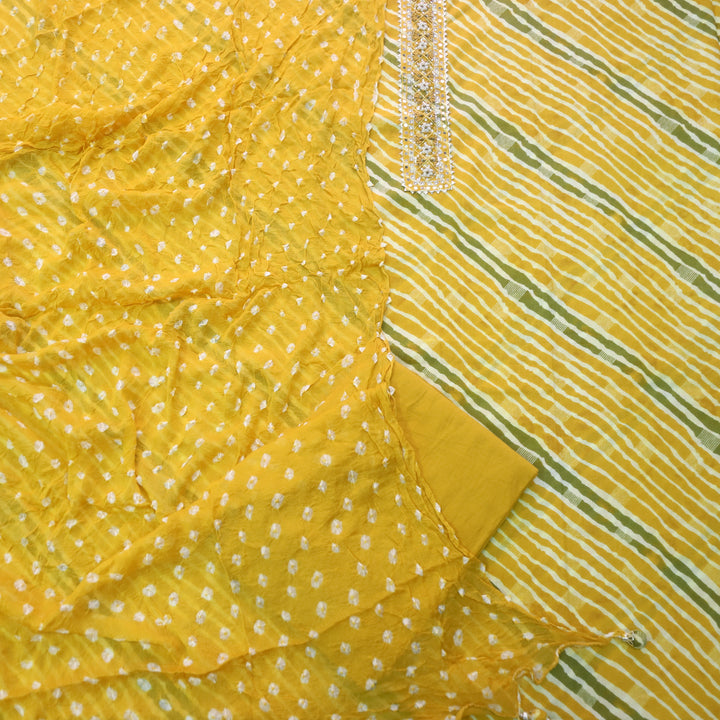 Leher Canary Yellow Embellished Neck Work Leheriya Cotton Suit Set D3