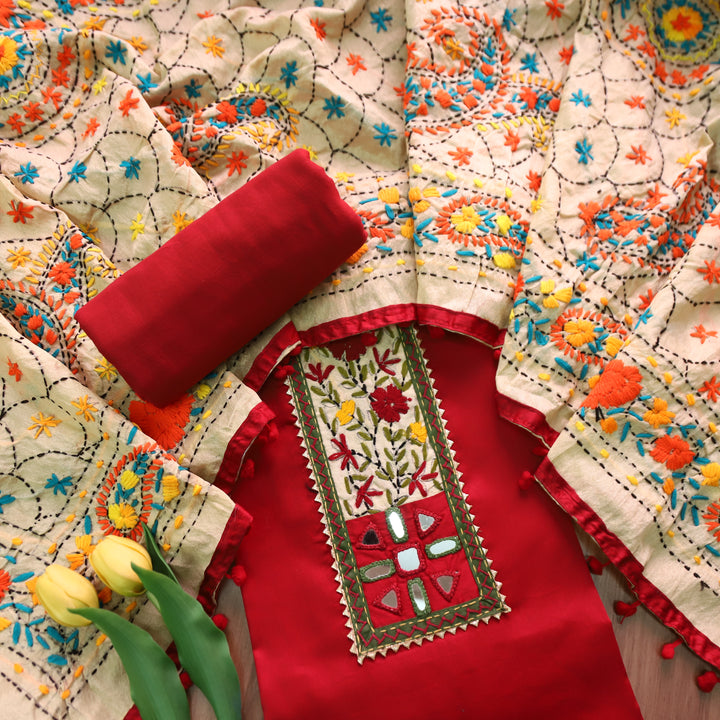 Kanyakumari Strawberry Red Mirror In Front with Patch Glazed Cotton Suit Set
