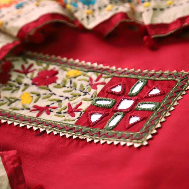 Kanyakumari Strawberry Red Mirror In Front with Patch Glazed Cotton Suit Set