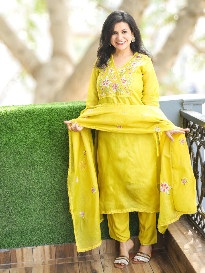 Hayat Turmeric Yellow Cross-Stitch Work Yoke Kota Doriya 3 Piece Set