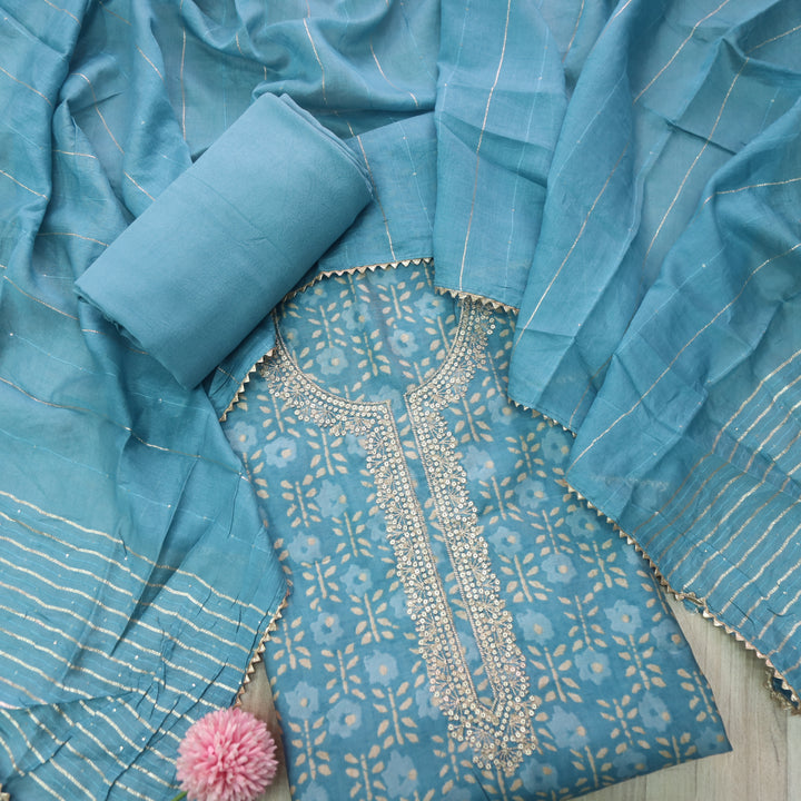 Rahi Saaphire Blue Embellished Zari Work Printed Modal Suit Set