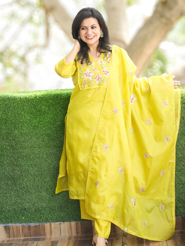 Hayat Turmeric Yellow Cross-Stitch Work Yoke Kota Doriya 3 Piece Set