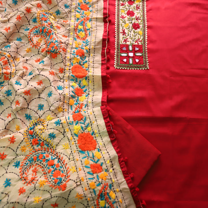 Kanyakumari Strawberry Red Mirror In Front with Patch Glazed Cotton Suit Set