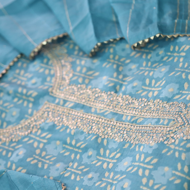 Rahi Saaphire Blue Embellished Zari Work Printed Modal Suit Set