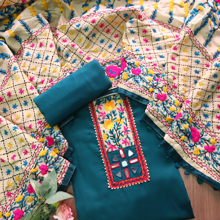 Kanyakumari Prussian Blue Mirror In Front with Patch Glazed Cotton Suit Set