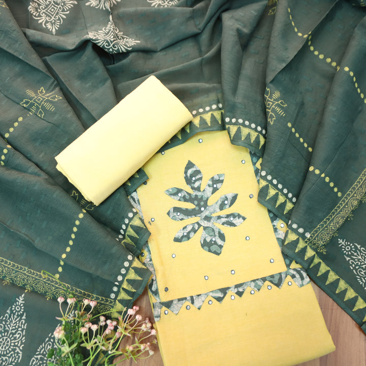 Bansi Butter Yellow Applique with Patra Yoke Cotton Set