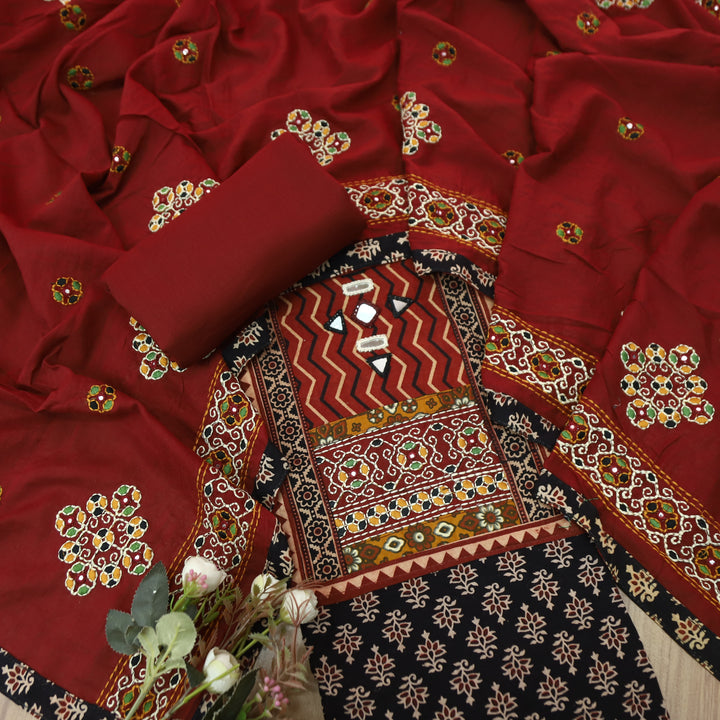 Sundri Ebony Black Kutch Patch with Mirror Work Zig-Zag Yoke Printed Cotton Suit Set