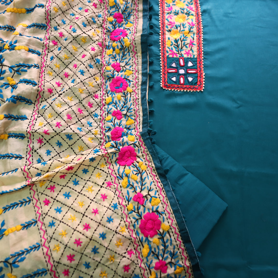 Kanyakumari Prussian Blue Mirror In Front with Patch Glazed Cotton Suit Set