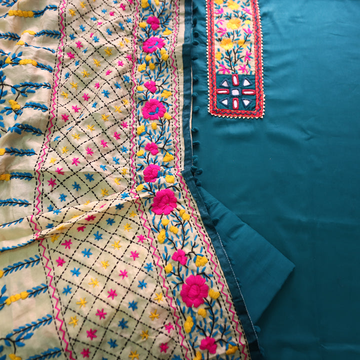 Kanyakumari Prussian Blue Mirror In Front with Patch Glazed Cotton Suit Set
