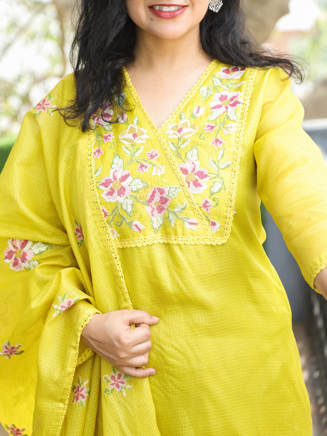 Hayat Turmeric Yellow Cross-Stitch Work Yoke Kota Doriya 3 Piece Set