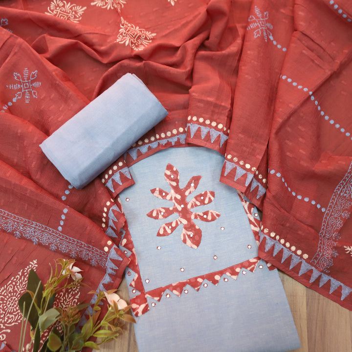 Bansi Fossil Grey Applique with Patra Yoke Cotton Set