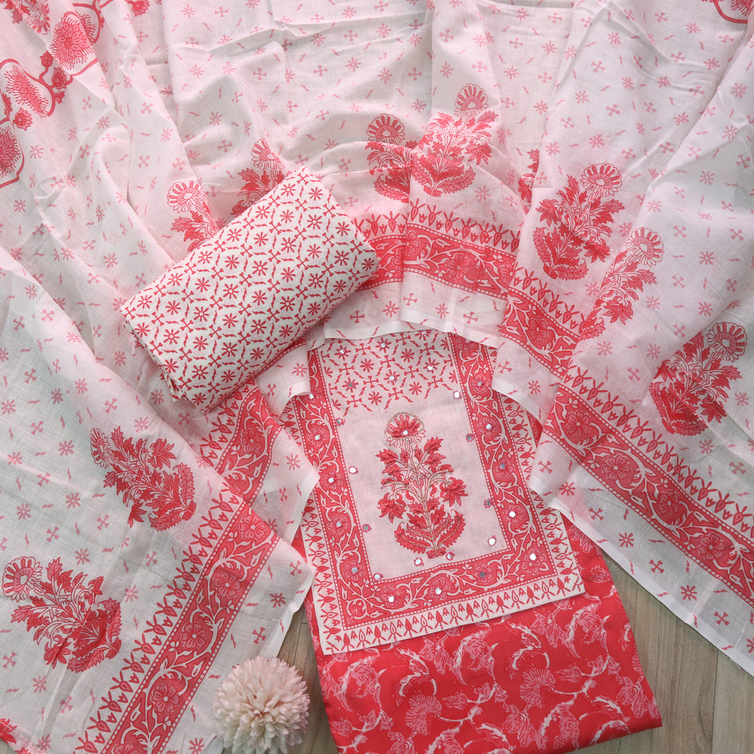 Sobiya Pink Floral Printed with Patra Work Cotton Suti Set