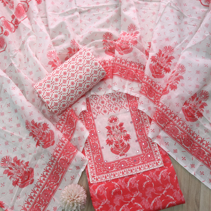Sobiya Pink Floral Printed with Patra Work Cotton Suti Set