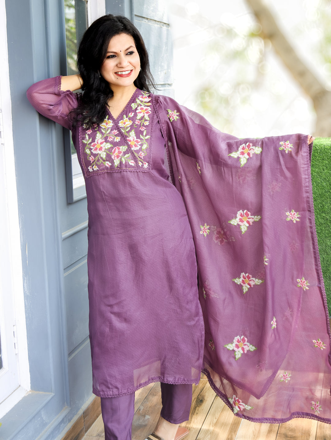 Hayat Jamuni Purple Cross-Stitch Work Yoke Kota Doriya 3 Piece Set