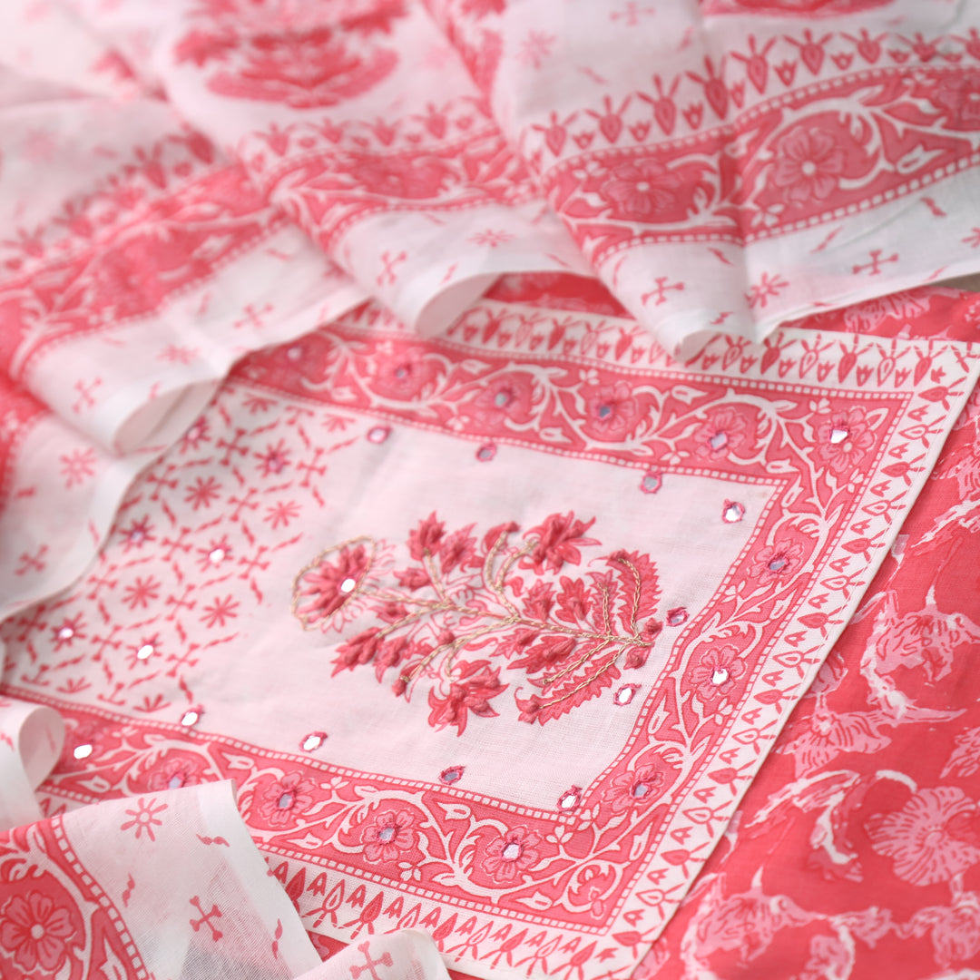 Sobiya Pink Floral Printed with Patra Work Cotton Suti Set
