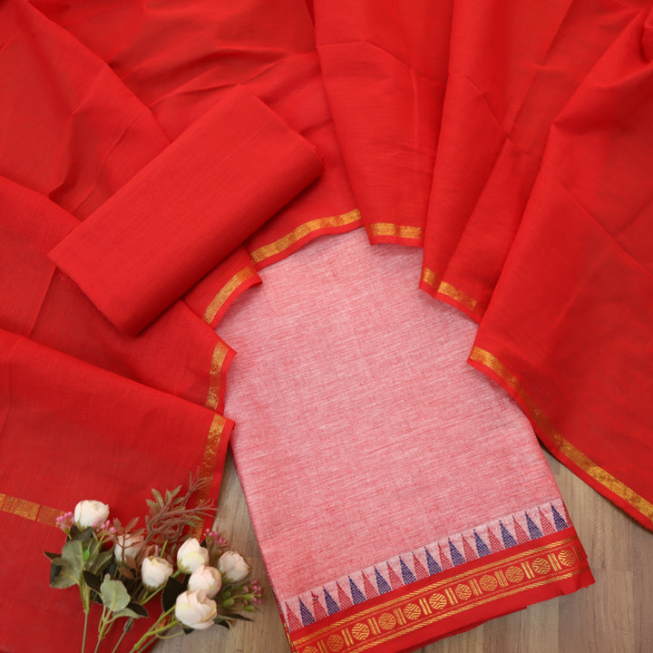 Subhranti Cranberry Red with Temple Hem South Cotton Suit Set