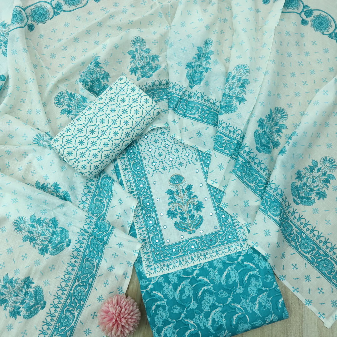 Sobiya Teal Blue Floral Printed with Patra Work Cotton Suti Set