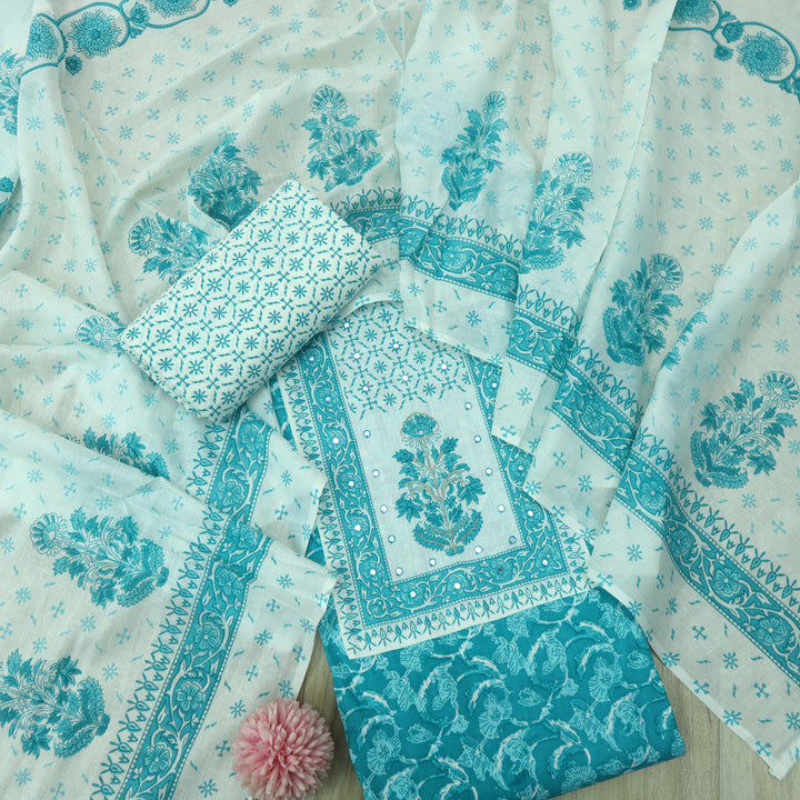 Sobiya Teal Blue Floral Printed with Patra Work Cotton Suti Set
