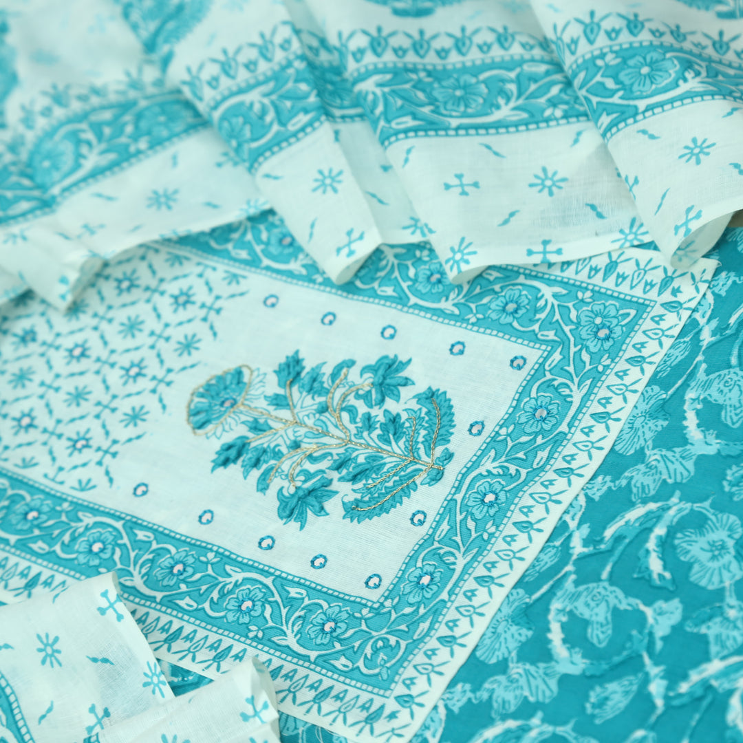 Sobiya Teal Blue Floral Printed with Patra Work Cotton Suti Set
