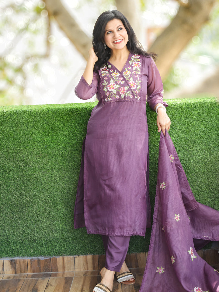 Hayat Jamuni Purple Cross-Stitch Work Yoke Kota Doriya 3 Piece Set